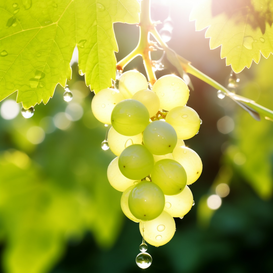 Vitis Vinifera — uva e foglie di vite illuminate dal sole, fonte della Linfa di Vite B.lumen®